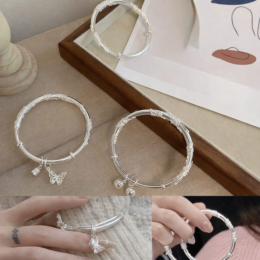 S925 Silver Women’s Bracelet with Spring Flowers & Butterfly Adjustable Chain