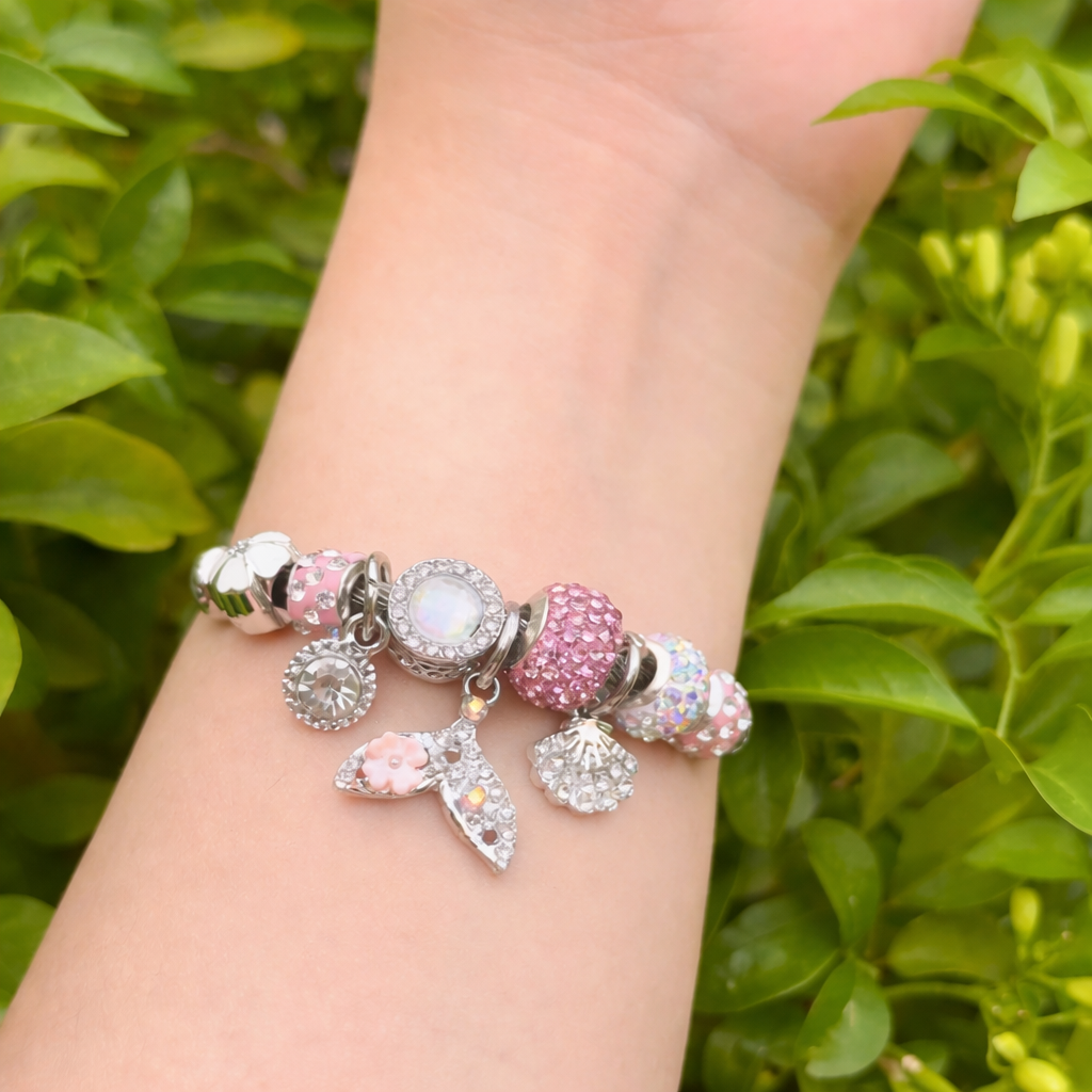 🧜‍♀️ [Romantic Ocean] Mermaid Tail & Shell Pink Stone Bracelet (Silver 925) 🧜‍♀️