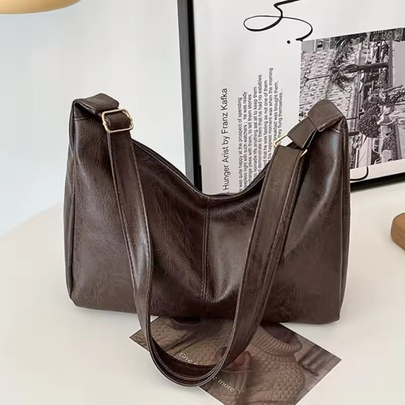 PU Leather Commuter Fashion Vintage Casual Tote Bag Maillard Stylish Crossbody Bags for Women Texture Large Capacity Temperament