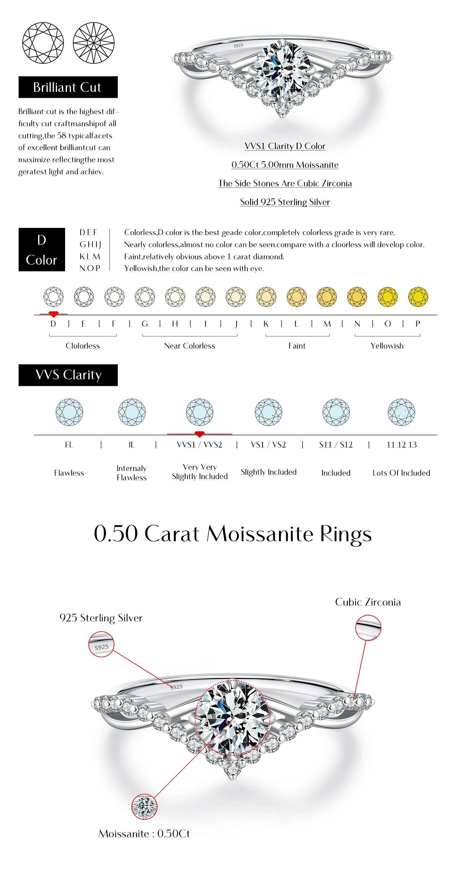 모이사나이트 반지 섬세한 랩 다이아몬드 반지 925 스털링 실버