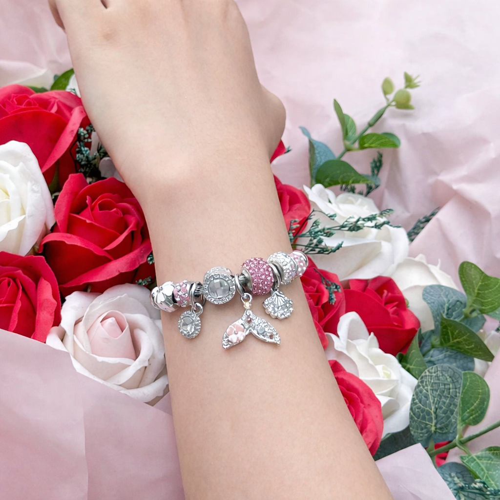 🧜‍♀️ [Romantic Ocean] Mermaid Tail & Shell Pink Stone Bracelet (Silver 925) 🧜‍♀️
