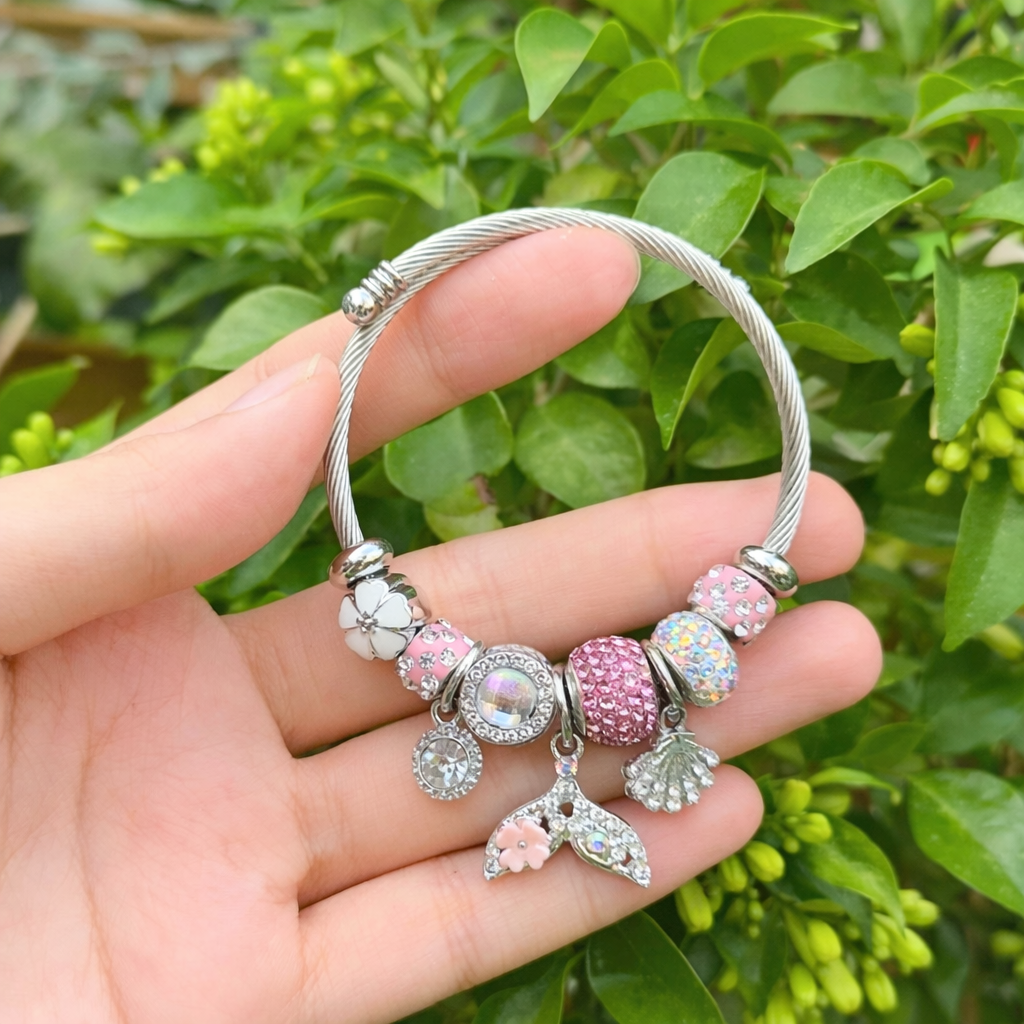 🧜‍♀️ [Romantic Ocean] Mermaid Tail & Shell Pink Stone Bracelet (Silver 925) 🧜‍♀️