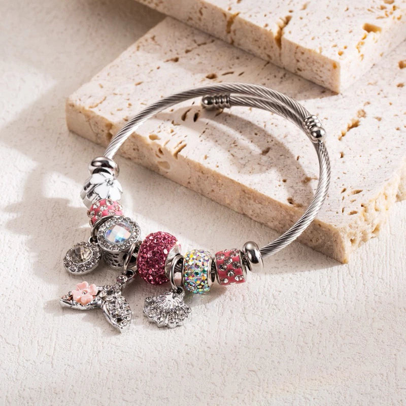 🧜‍♀️ [Romantic Ocean] Mermaid Tail & Shell Pink Stone Bracelet (Silver 925) 🧜‍♀️