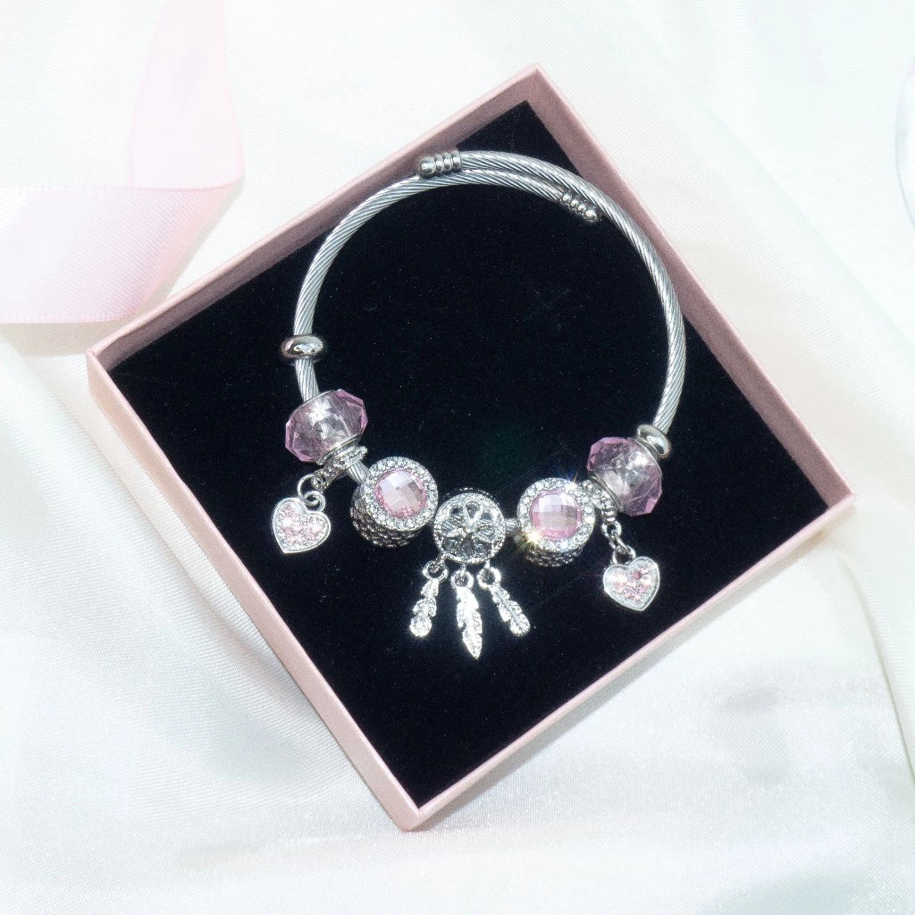 🌙 [Emotional Dazzle] Dreamcatcher Pink Stone Silver 925 Bracelet 🌙