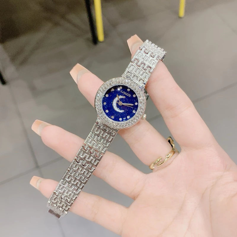 Elegant Women’s Watch with Moon & Star Dial and Sparkling Crystals