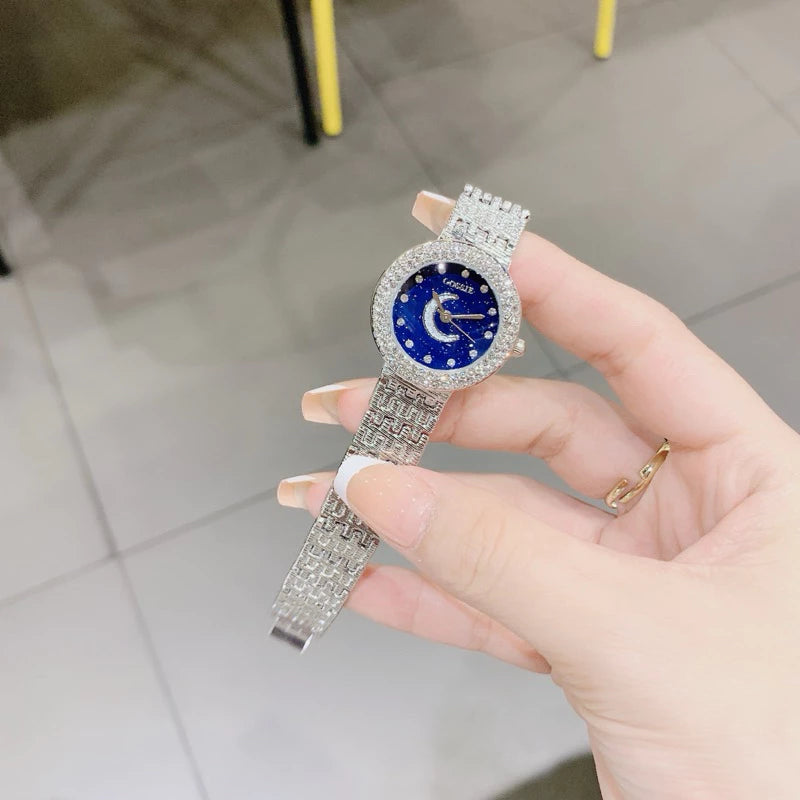 Elegant Women’s Watch with Moon & Star Dial and Sparkling Crystals