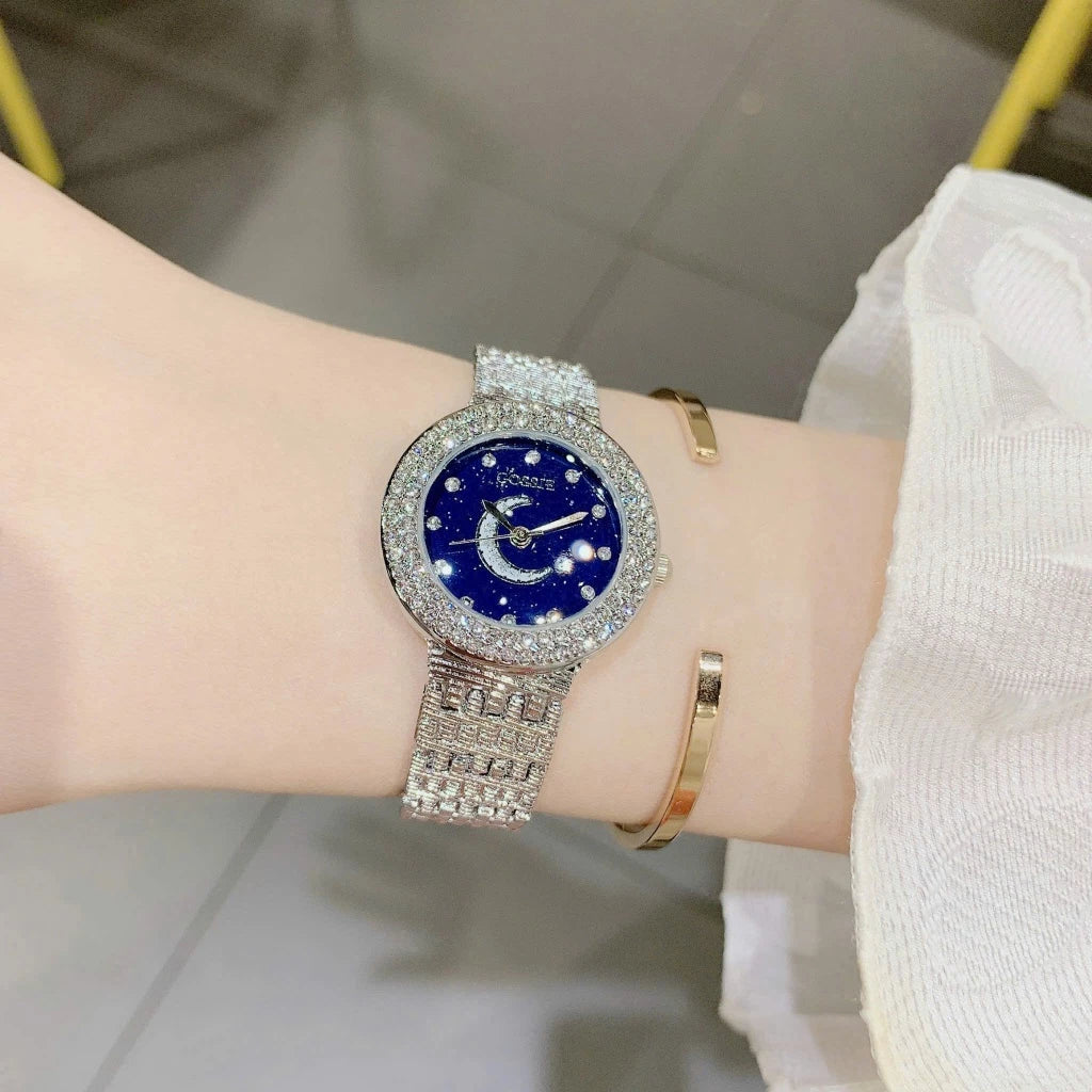 Elegant Women’s Watch with Moon & Star Dial and Sparkling Crystals