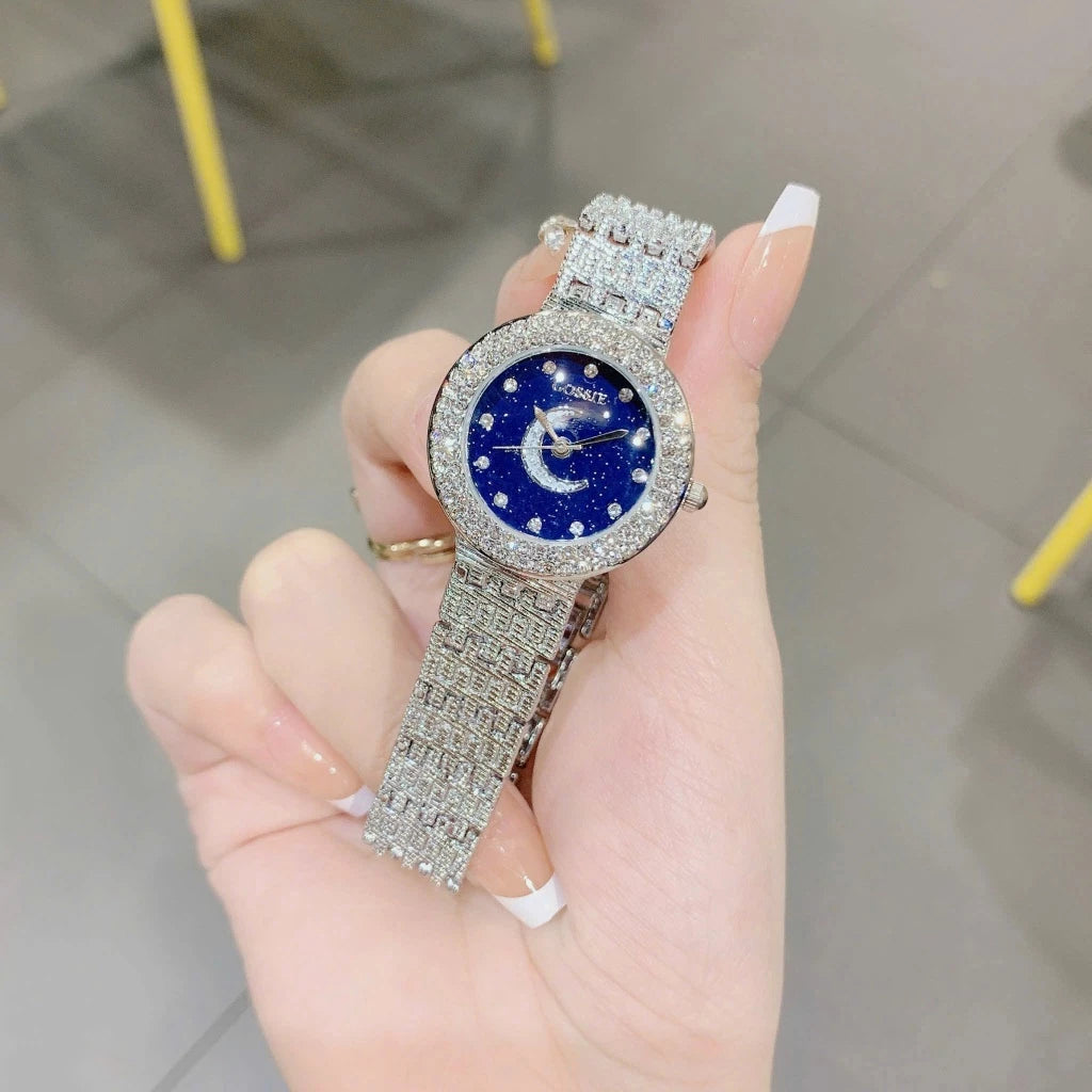 Elegant Women’s Watch with Moon & Star Dial and Sparkling Crystals