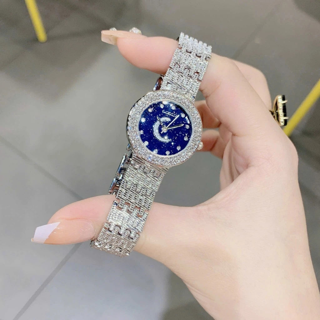 Elegant Women’s Watch with Moon & Star Dial and Sparkling Crystals