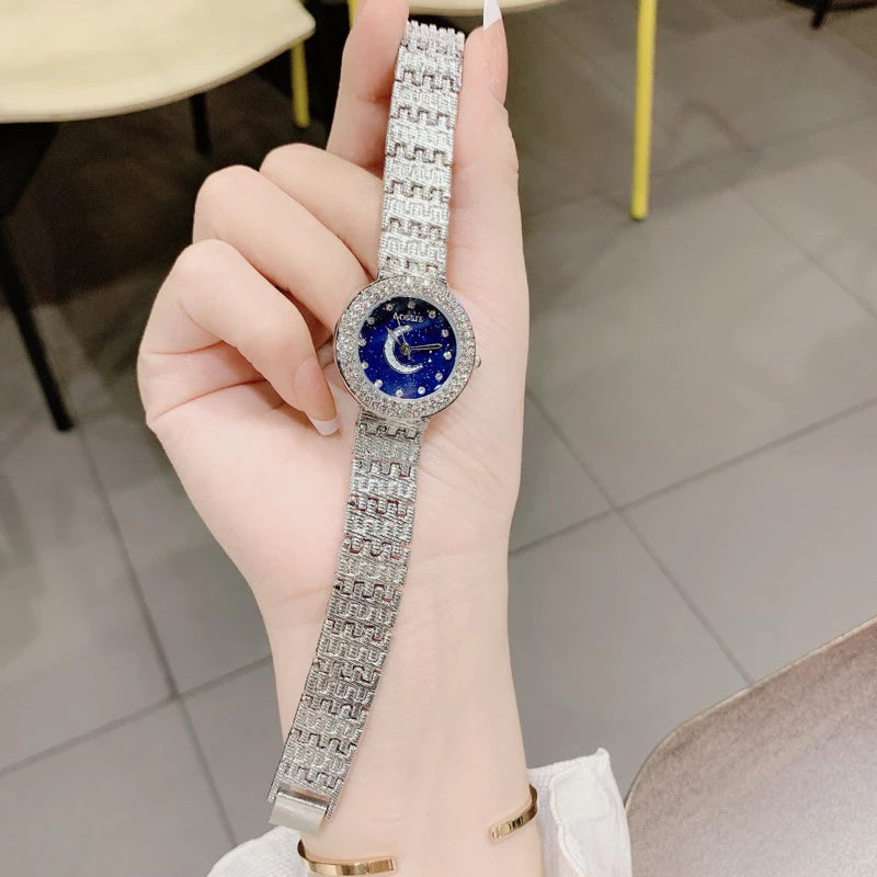 Elegant Women’s Watch with Moon & Star Dial and Sparkling Crystals