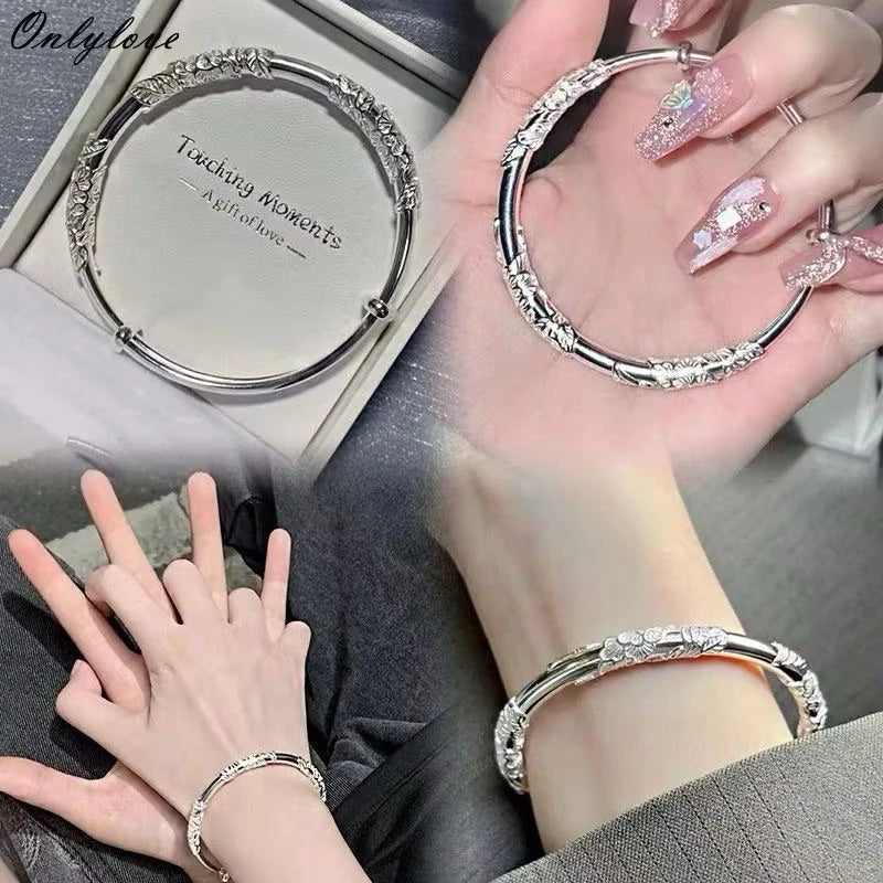 S925 Silver Women’s Bracelet with Spring Flowers & Butterfly Adjustable Chain